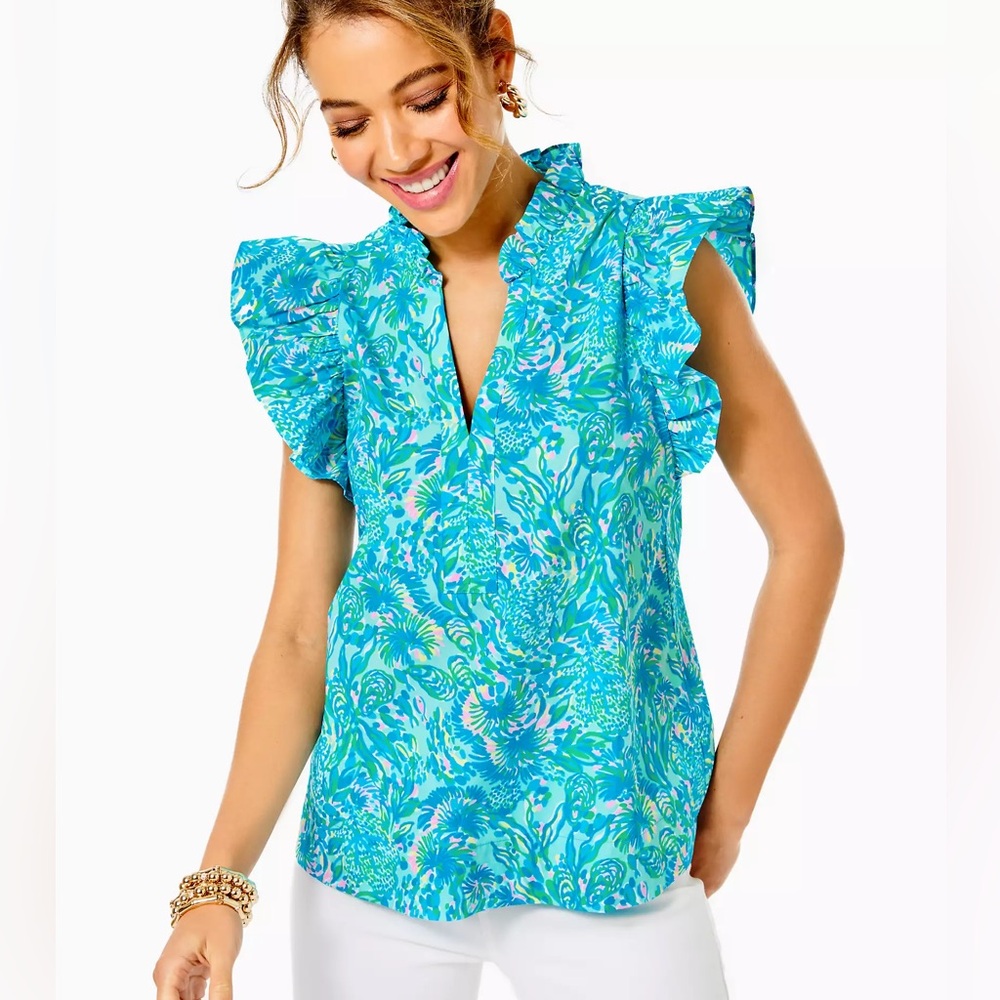 Lilly Pulitzer Klaudie Ruffle Sleeve Cotton Top, XXS